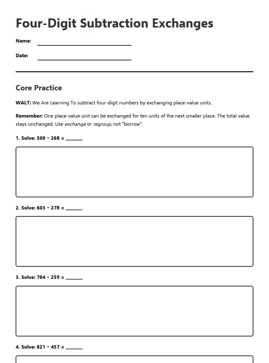 Four-Digit Subtraction Exchanges worksheet preview