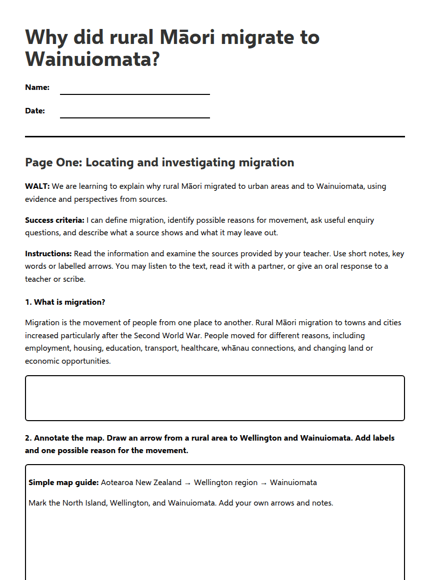 Rural Māori Migration to Wainuiomata worksheet preview