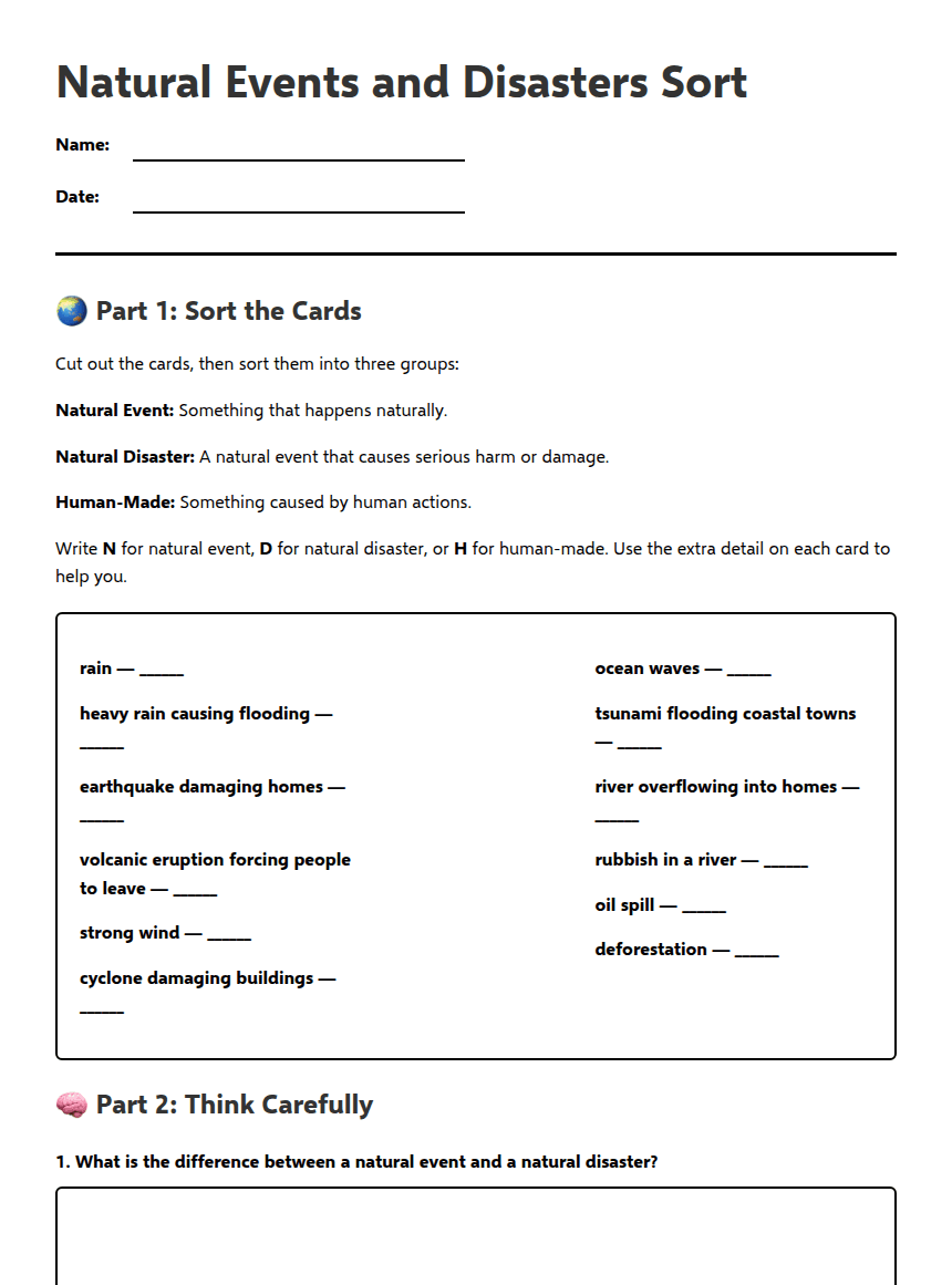 Natural Events and Disasters Sort worksheet preview