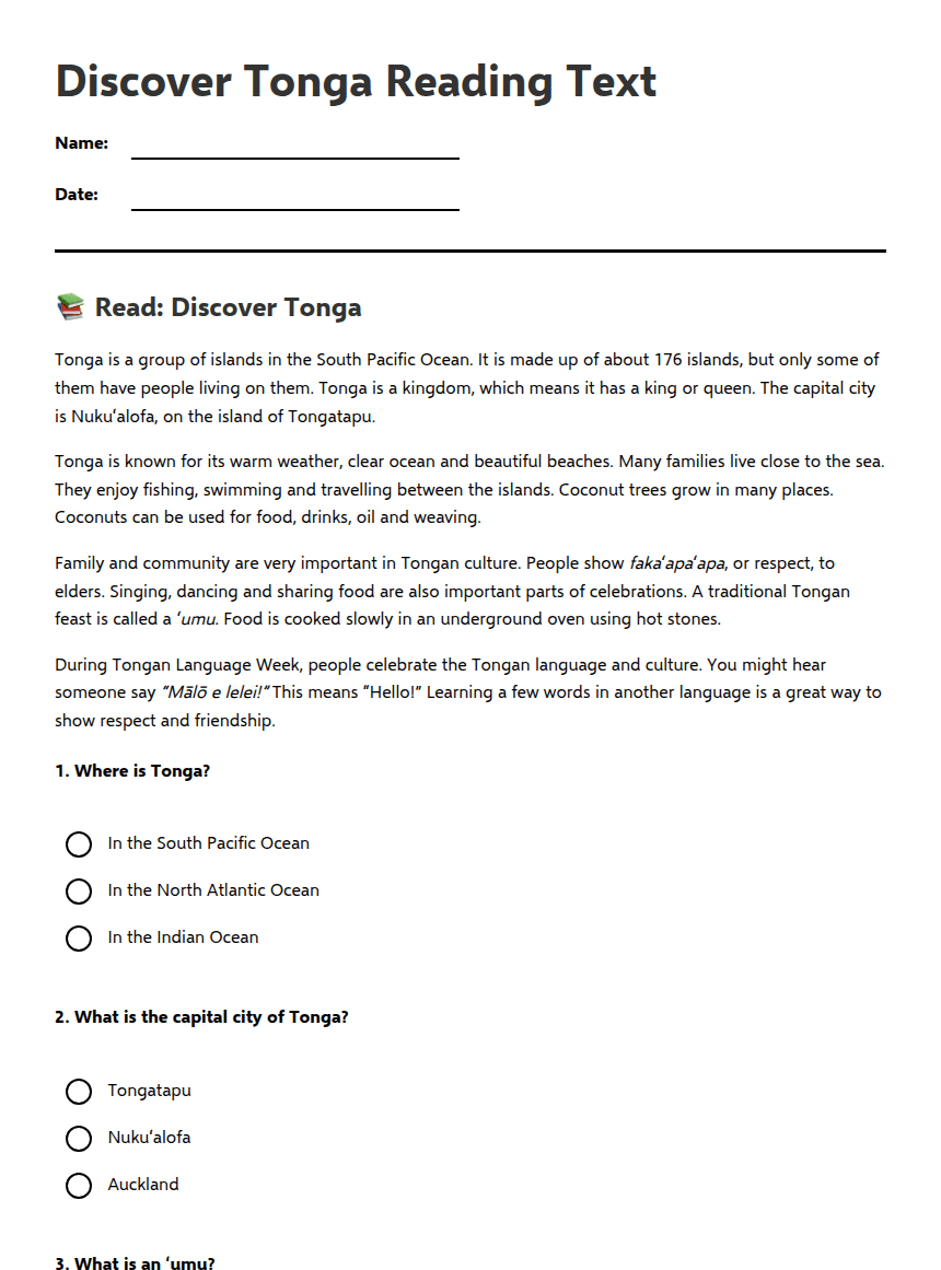 Discover Tonga Reading Text worksheet preview