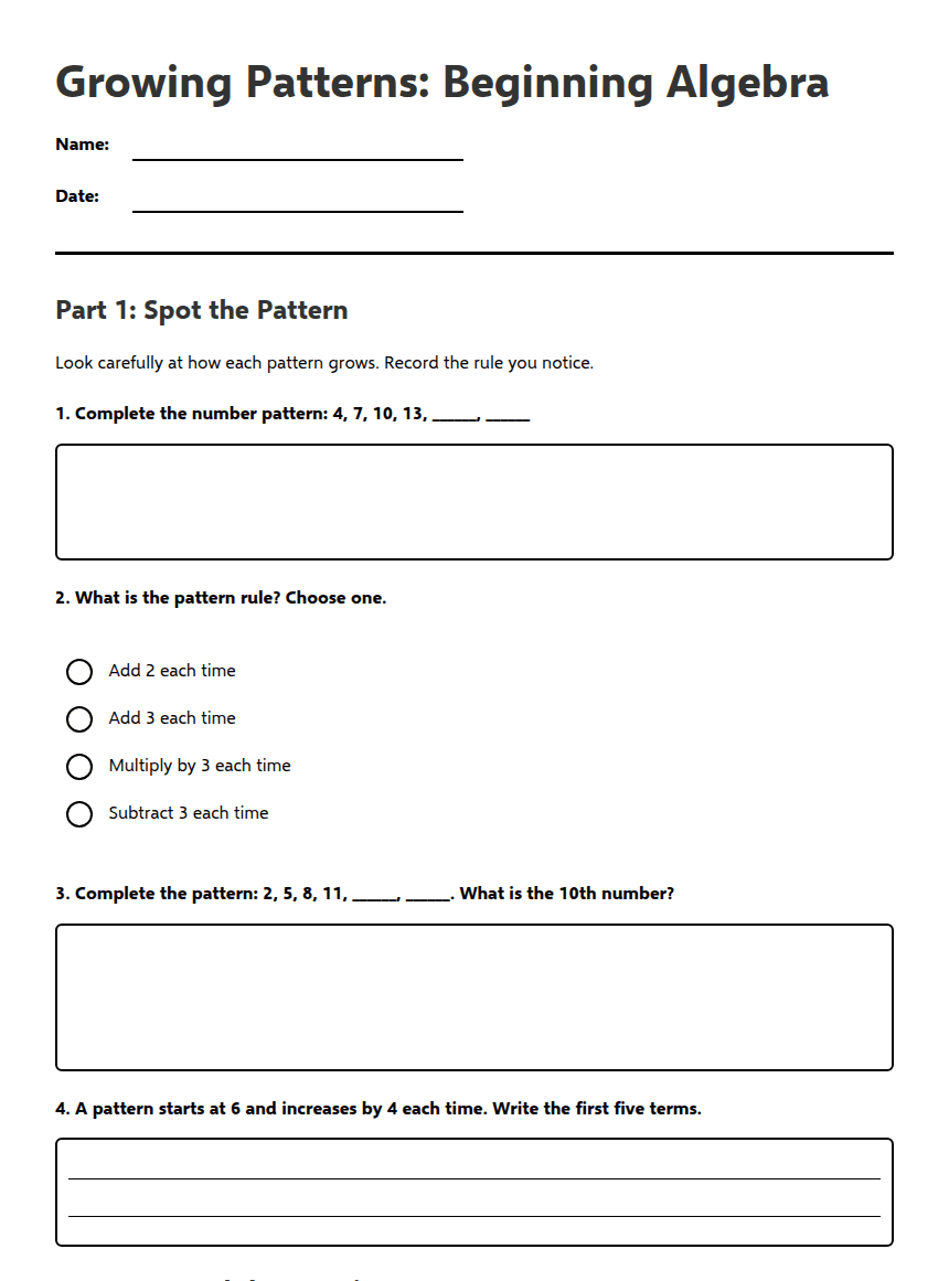 Growing Patterns: Beginning Algebra worksheet preview
