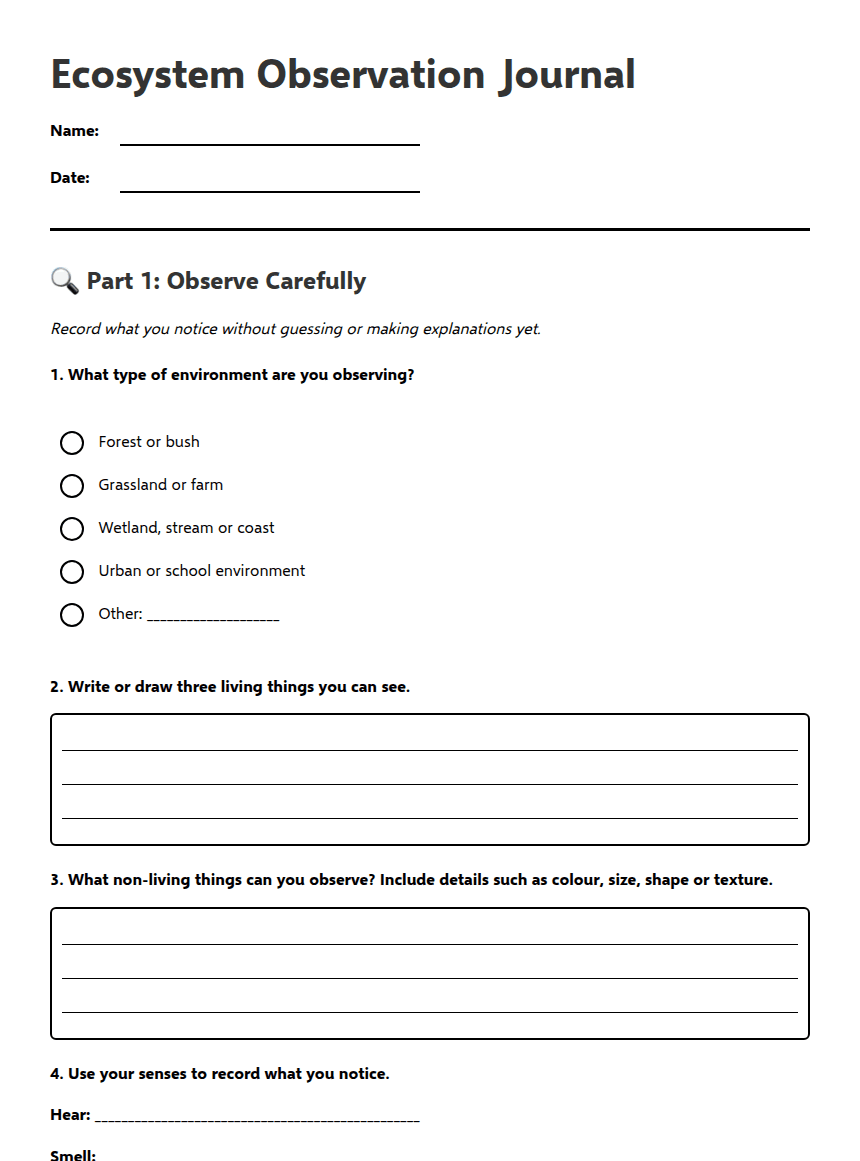 Ecosystem Observation Journal worksheet preview
