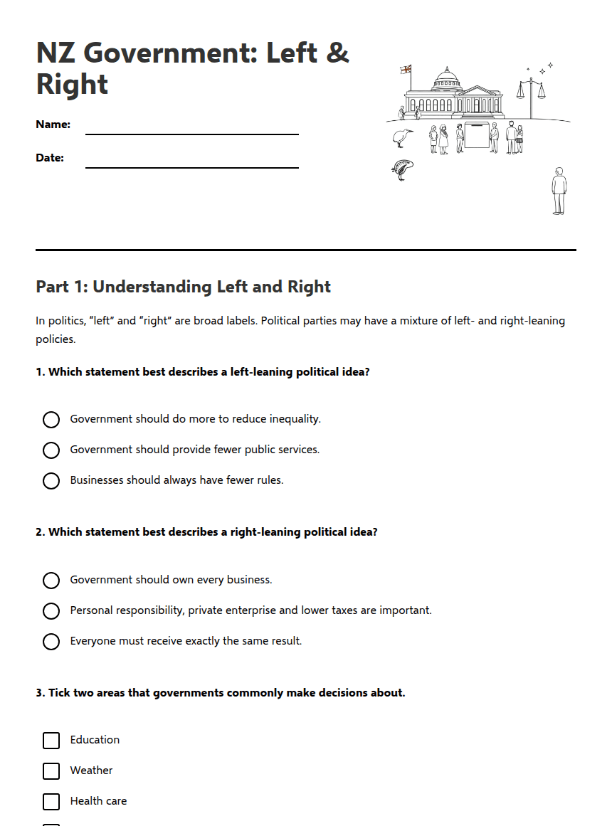 NZ Government: Left & Right worksheet preview