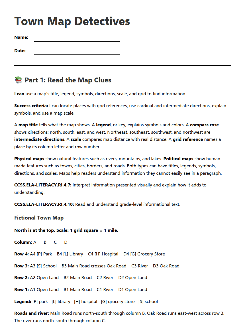 Town Map Detectives worksheet preview