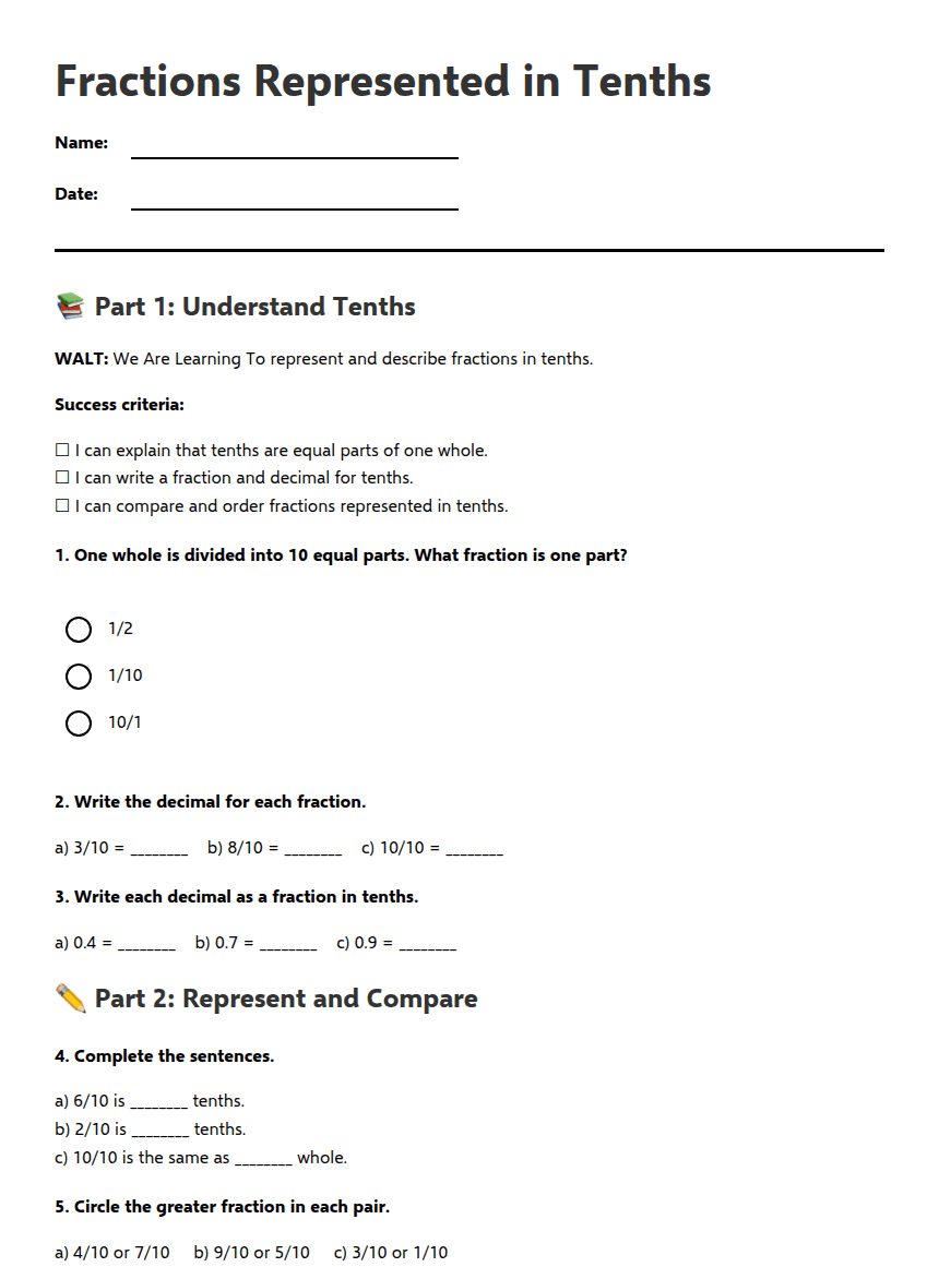 Fractions Represented in Tenths worksheet preview