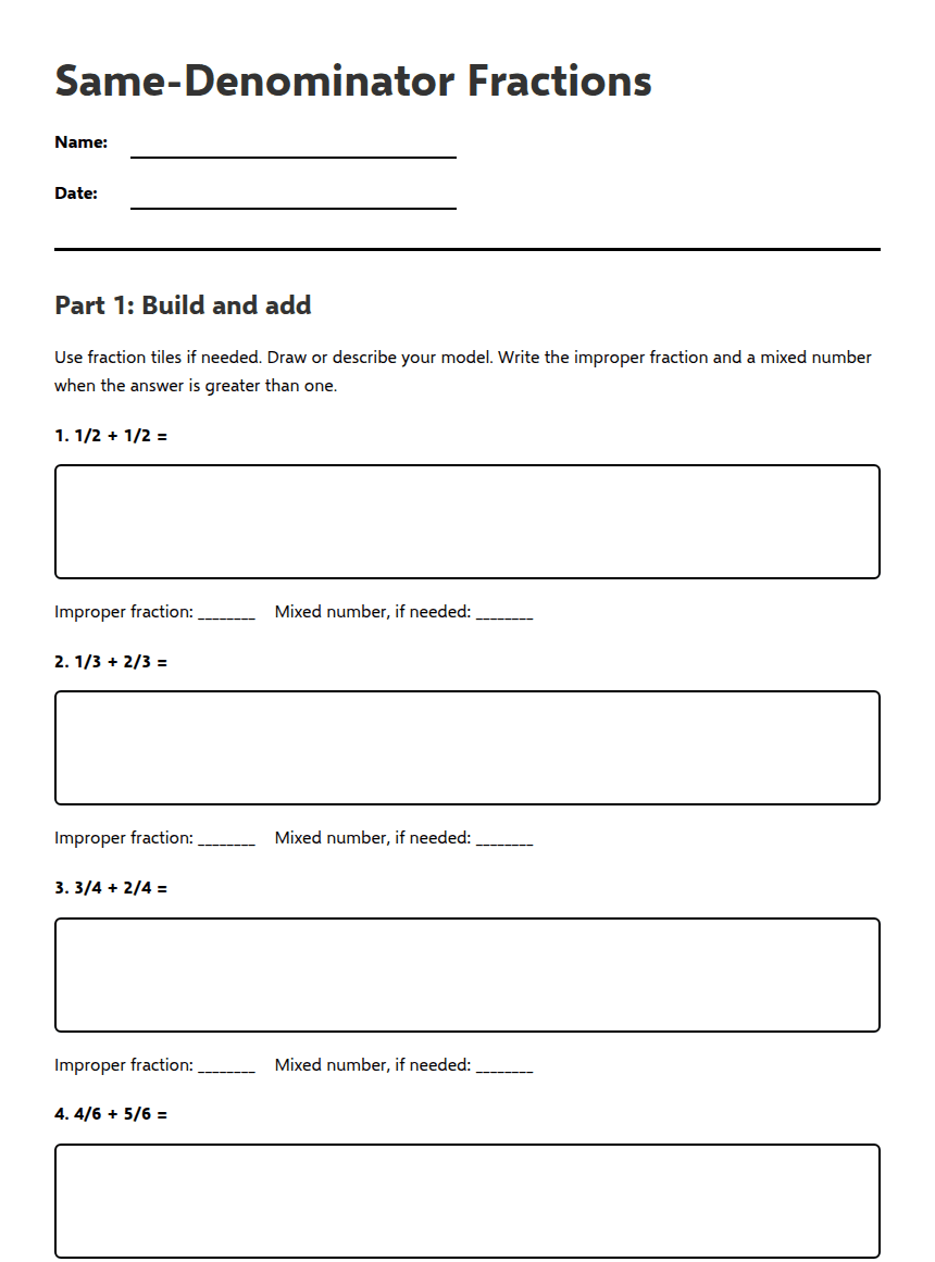 Same-Denominator Fractions worksheet preview