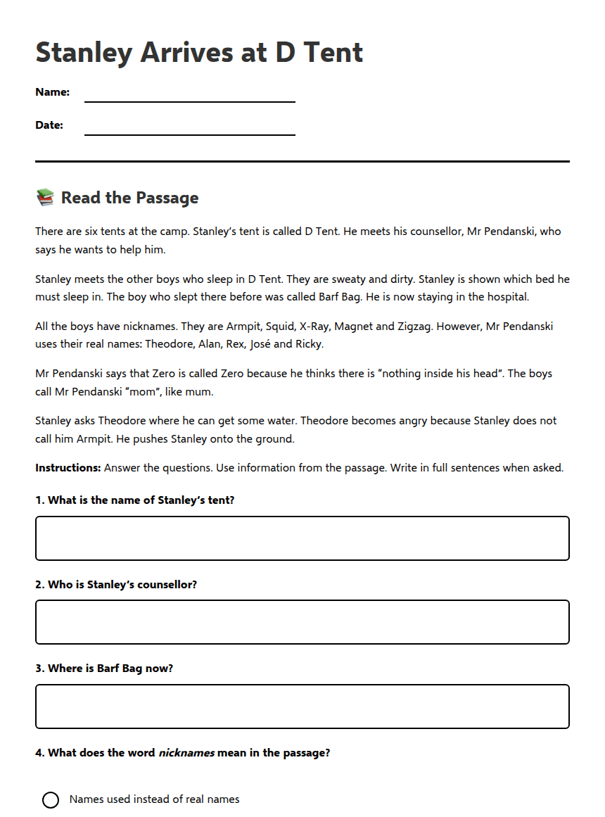 Stanley Arrives at D Tent worksheet preview