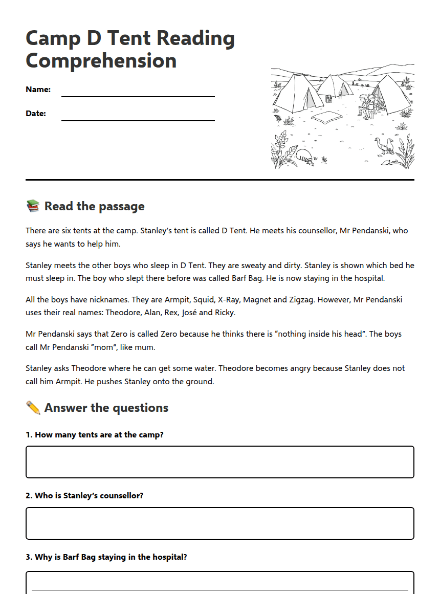Camp D Tent Reading Comprehension worksheet preview