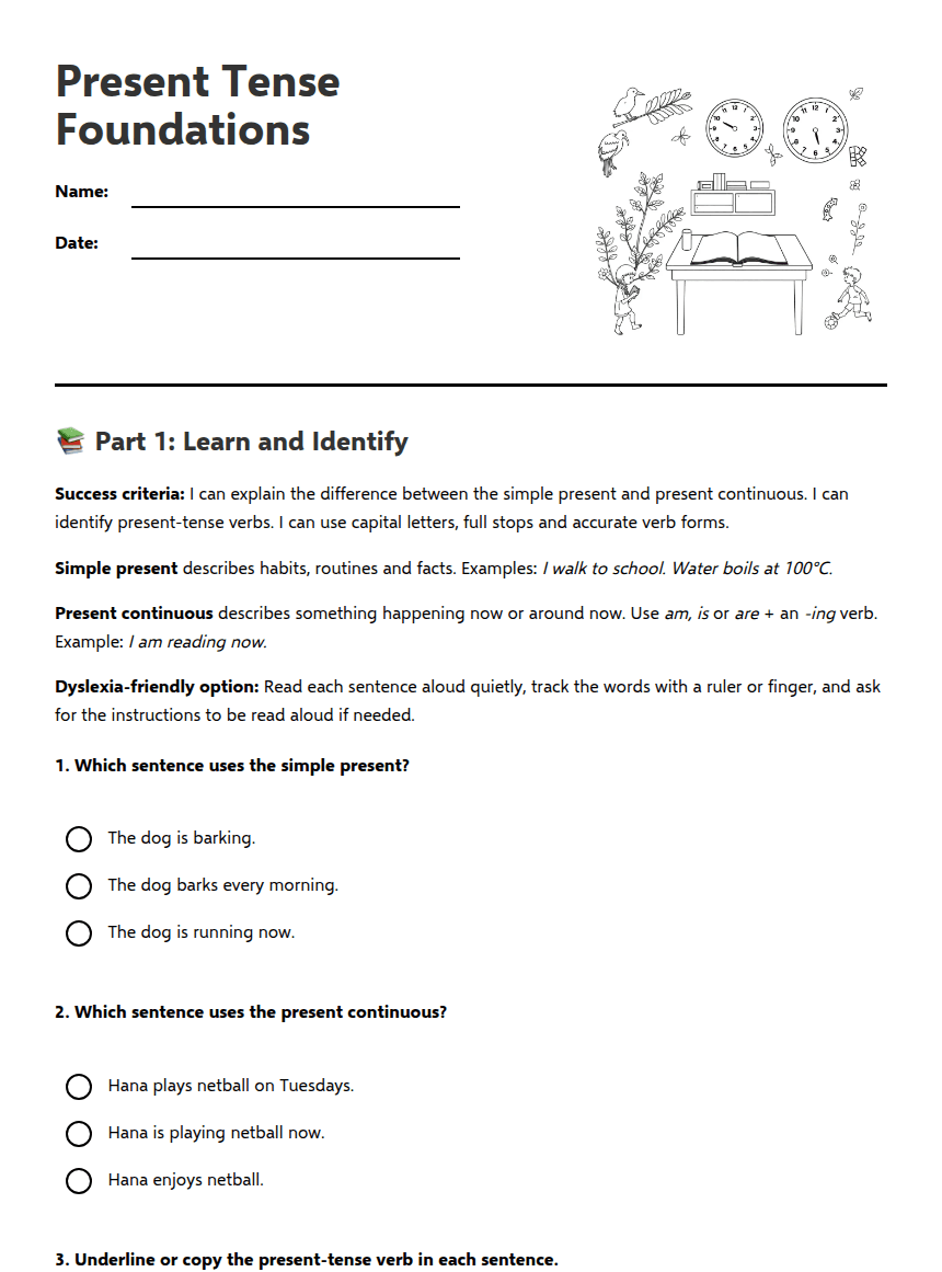 Present Tense Foundations worksheet preview