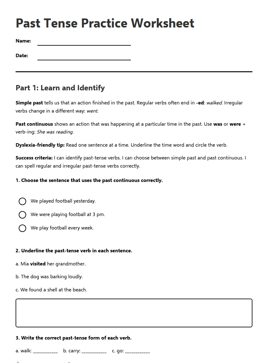 Past Tense Practice Worksheet worksheet preview