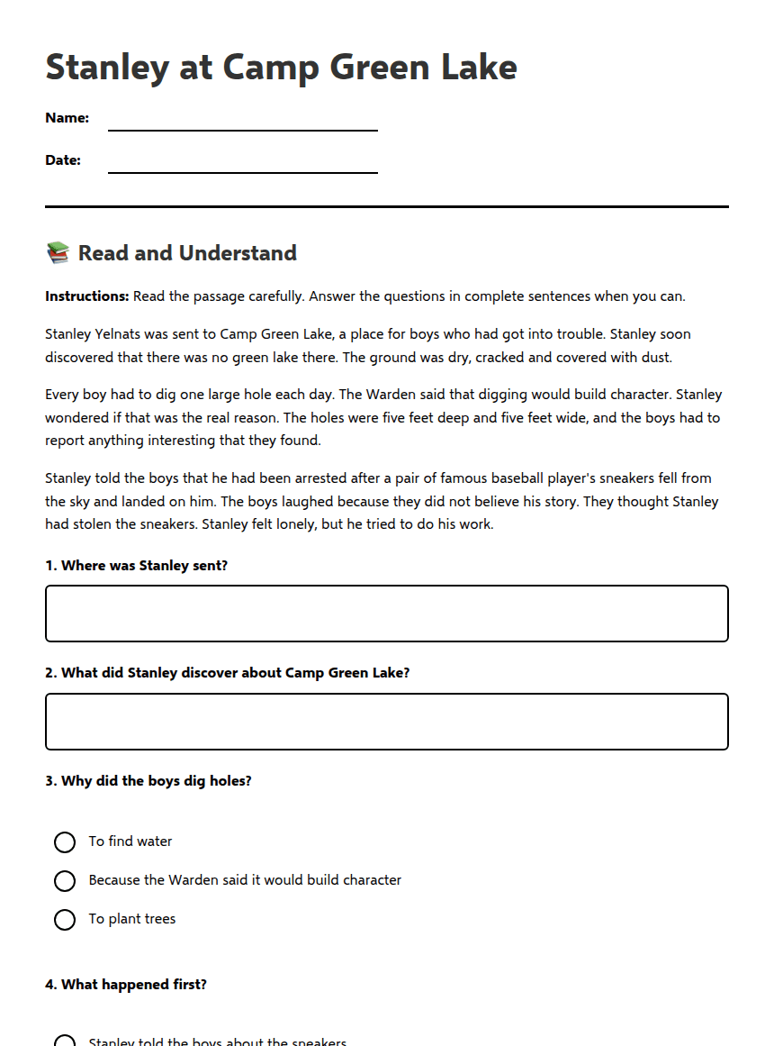 Stanley at Camp Green Lake worksheet preview