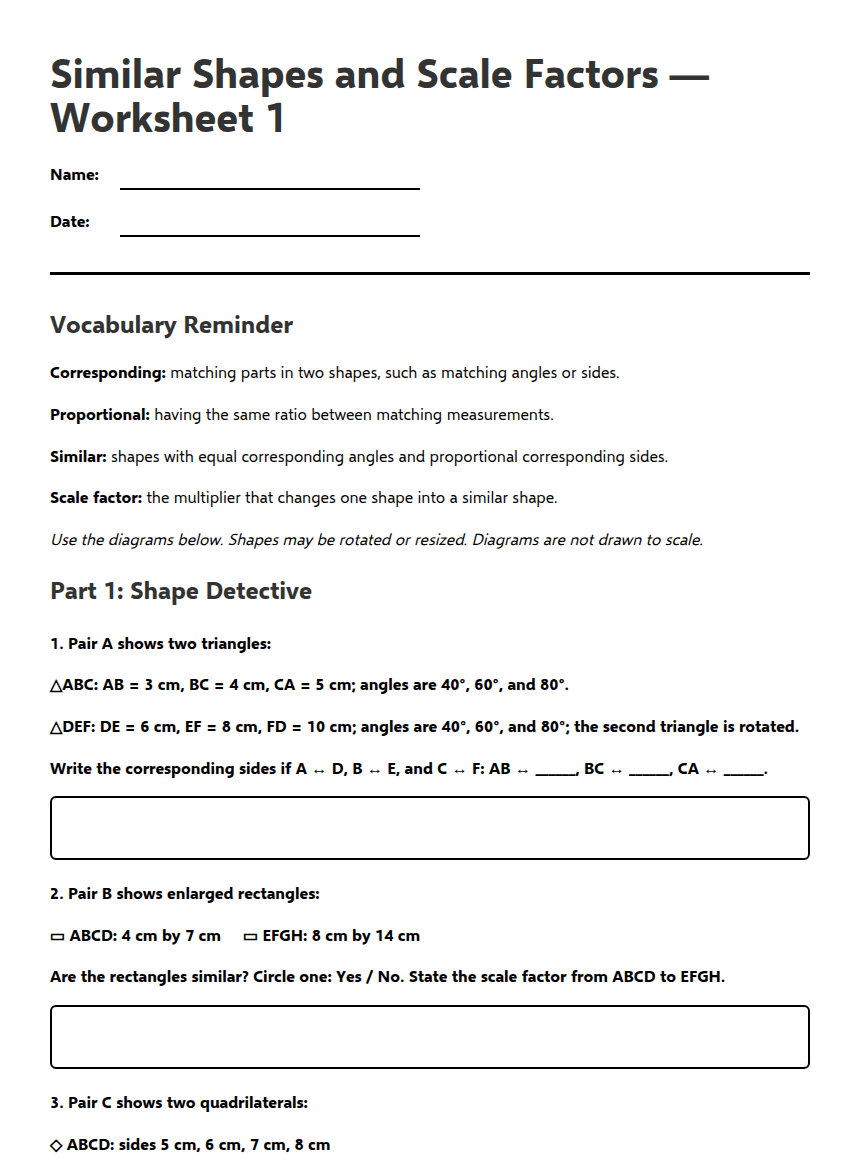 Similar Shapes and Scale Factors worksheet preview
