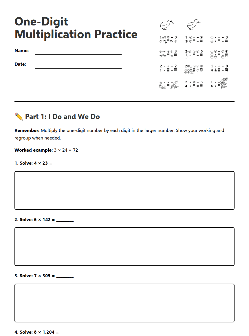 One-Digit Multiplication Practice worksheet preview