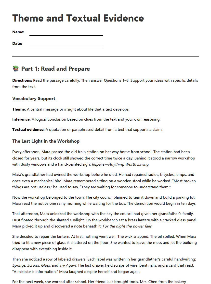Theme and Textual Evidence worksheet preview