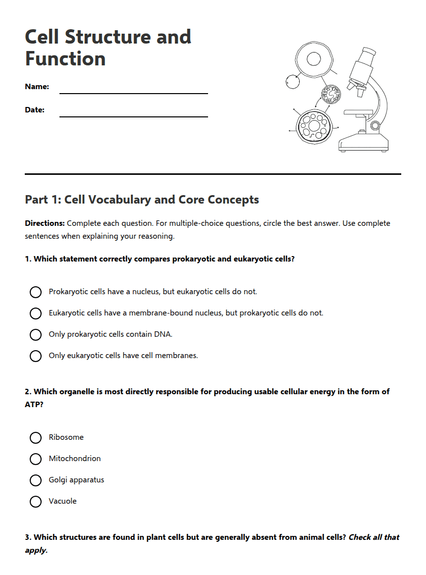 Cell Structure and Function worksheet preview