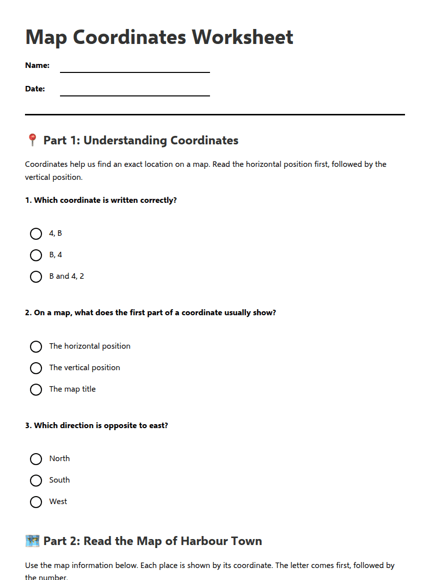 Map Coordinates Worksheet worksheet preview