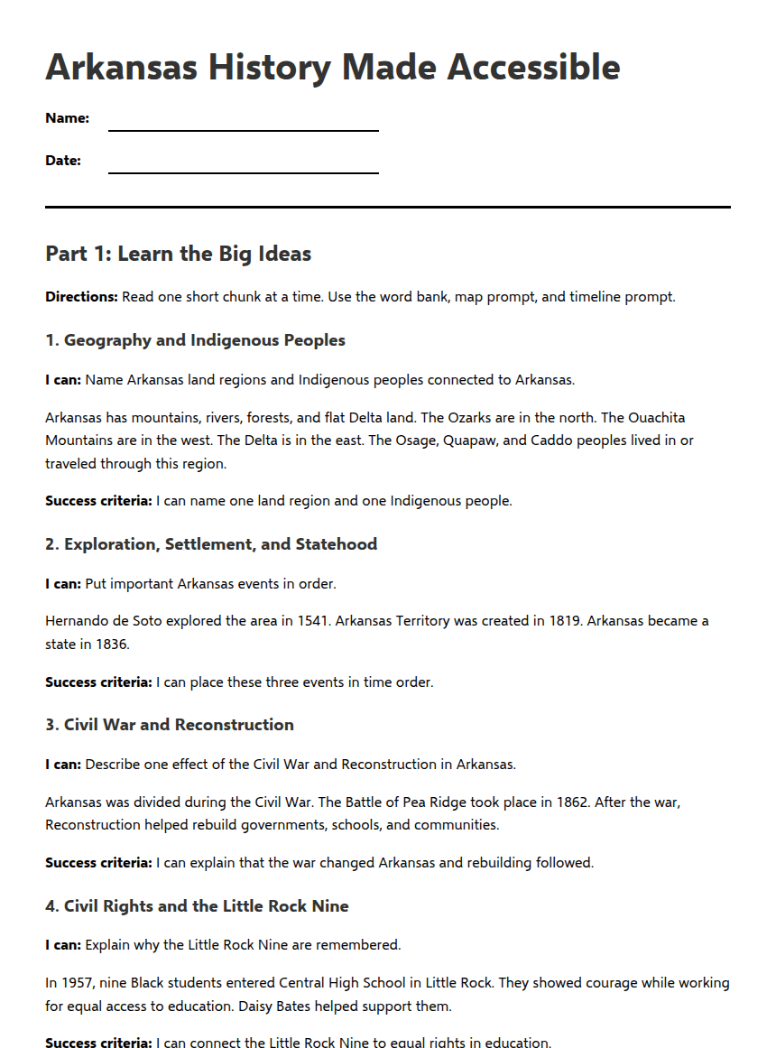 Arkansas History Made Accessible worksheet preview