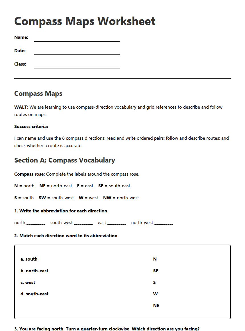 Compass Maps Worksheet worksheet preview