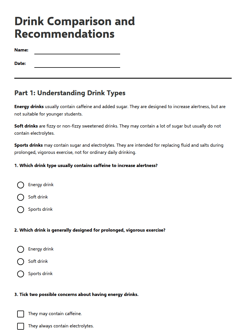 Drink Comparison and Recommendations worksheet preview