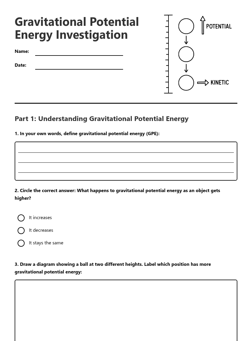 Gravitational Potential Energy Investigation worksheet preview