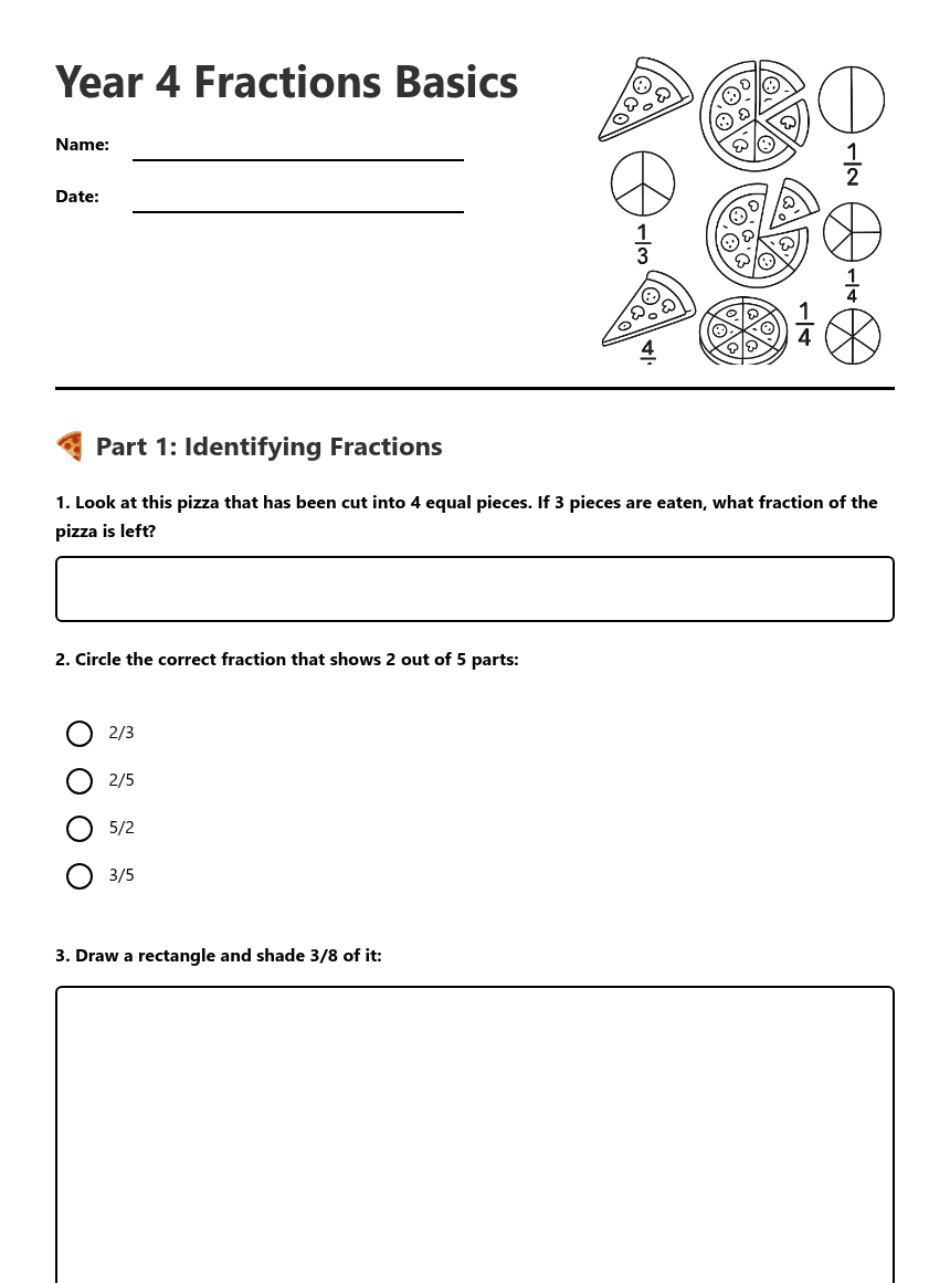 Year 4 Fractions Basics worksheet preview
