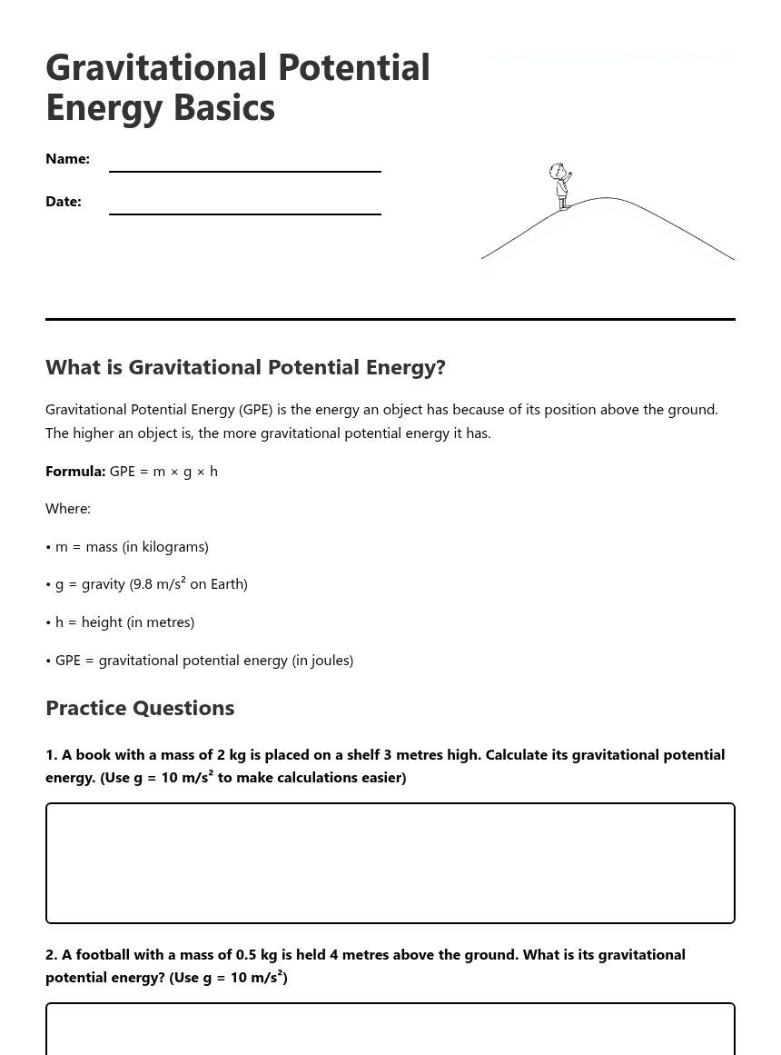 Gravitational Potential Energy Basics worksheet preview