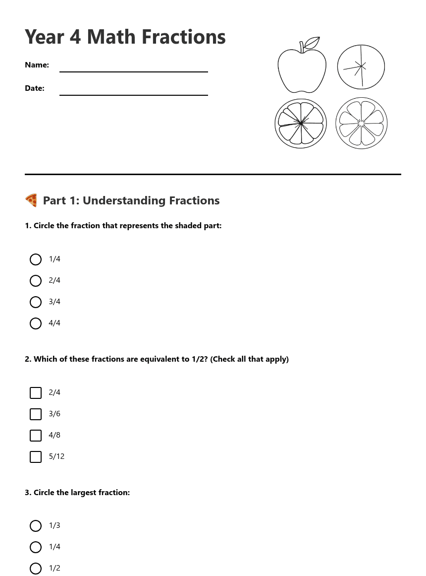 Year 4 Math Fractions worksheet preview