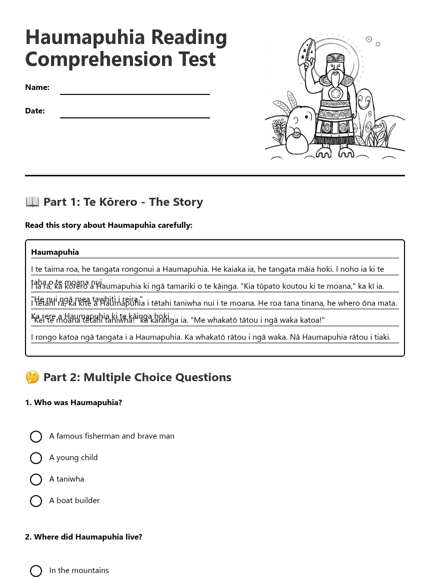 Haumapuhia Reading Comprehension Test worksheet preview