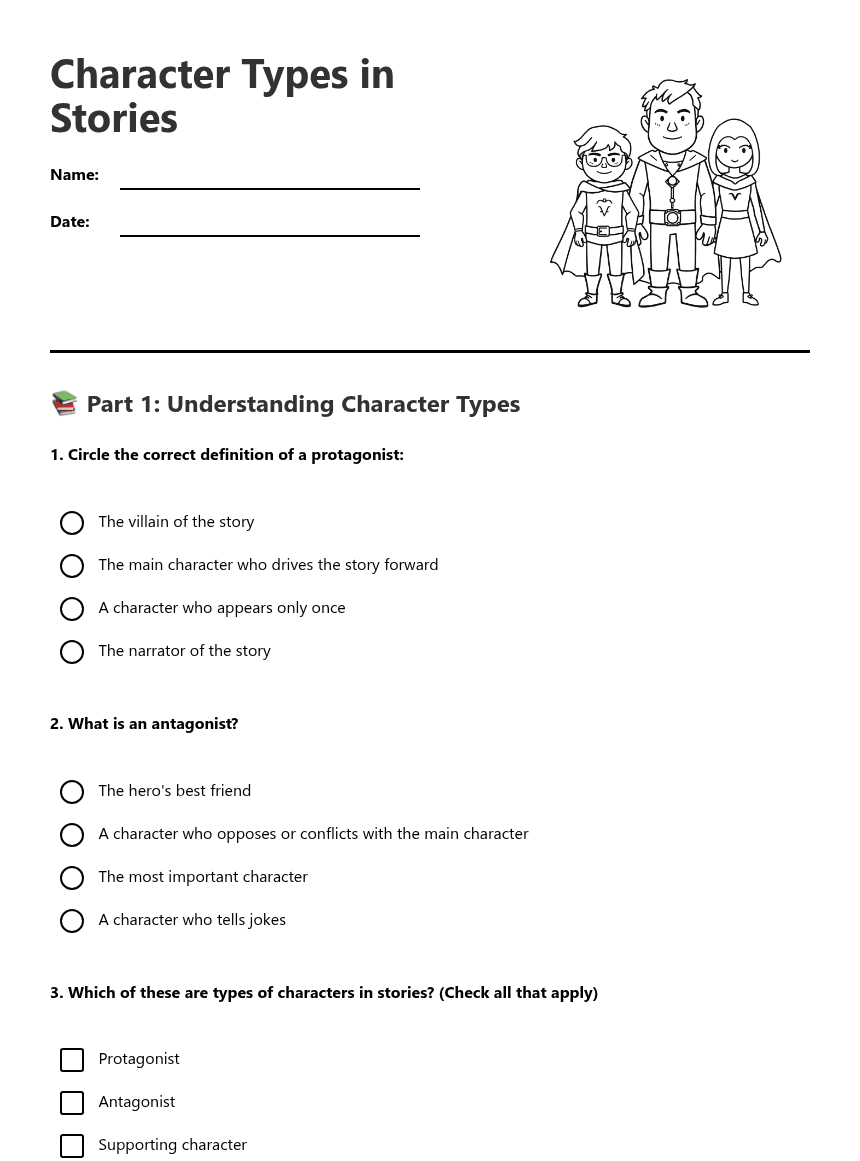 Character Types in Stories worksheet preview