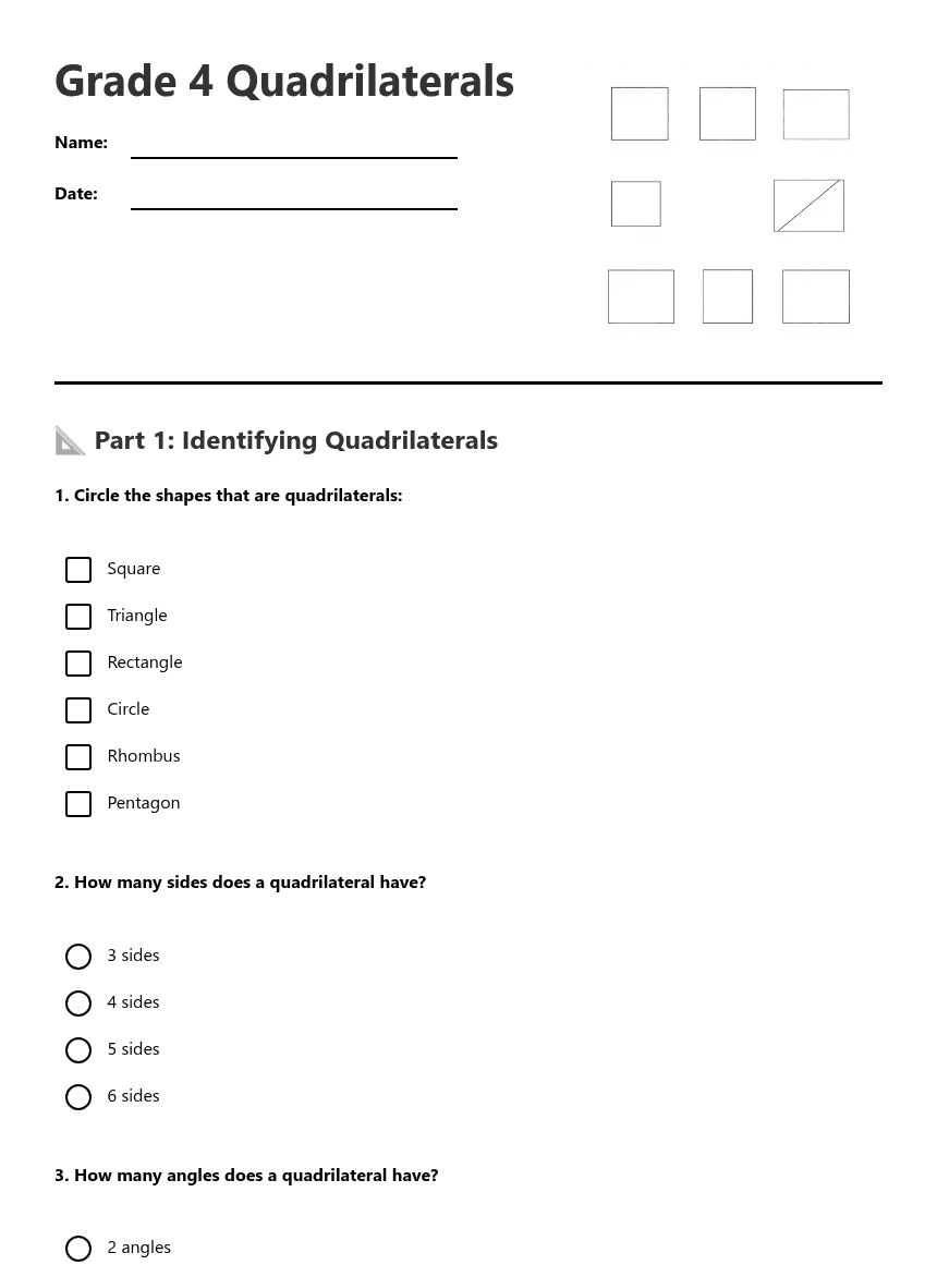 Grade 4 Quadrilaterals worksheet preview
