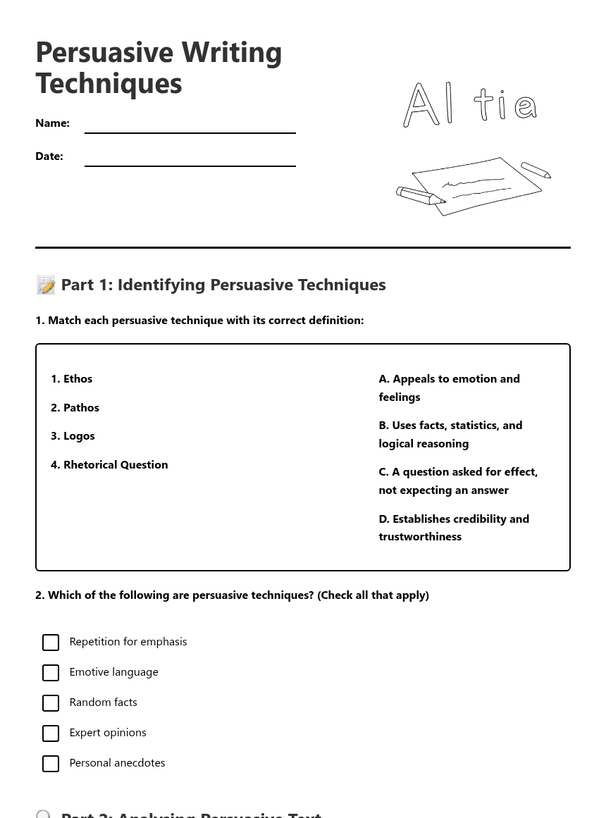Persuasive Writing Techniques worksheet preview