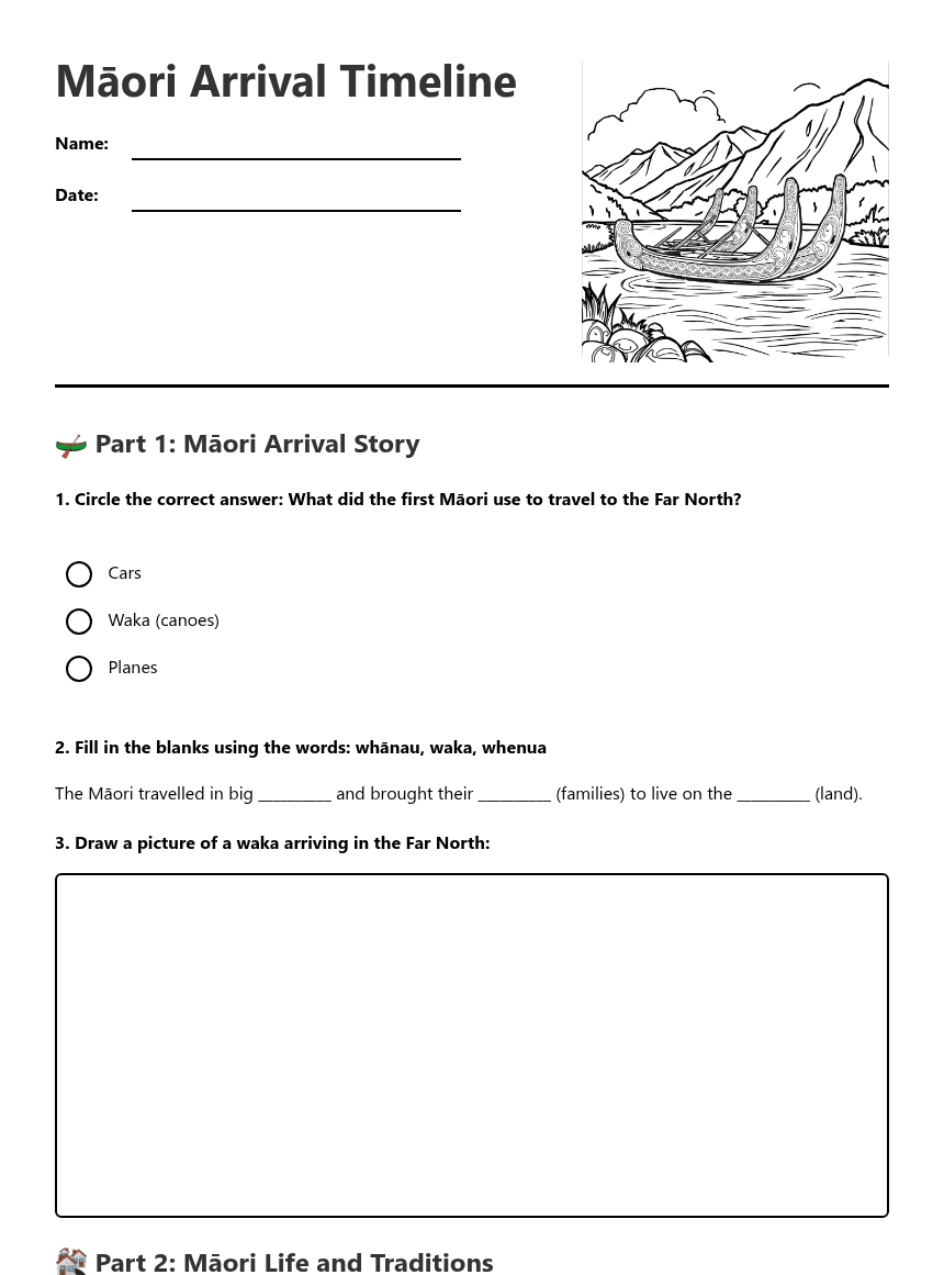 Māori Arrival Timeline worksheet preview