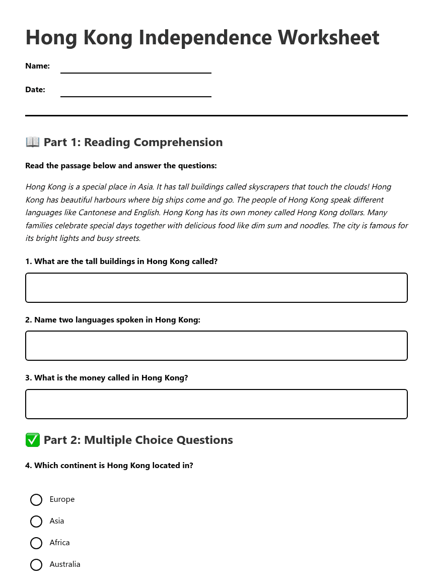 Hong Kong Independence Worksheet worksheet preview
