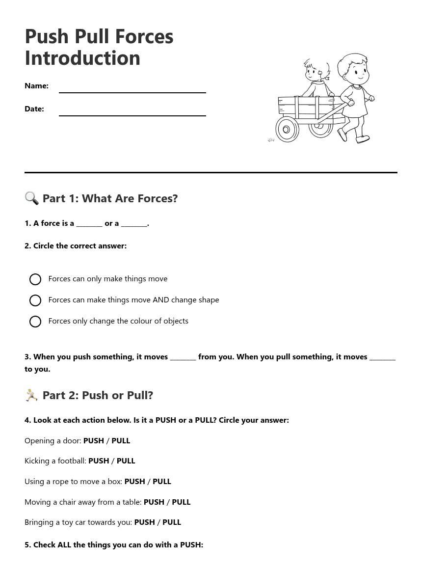 Push Pull Forces Introduction worksheet preview