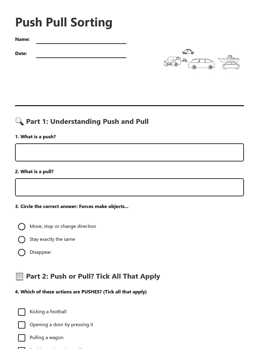 Push Pull Sorting worksheet preview