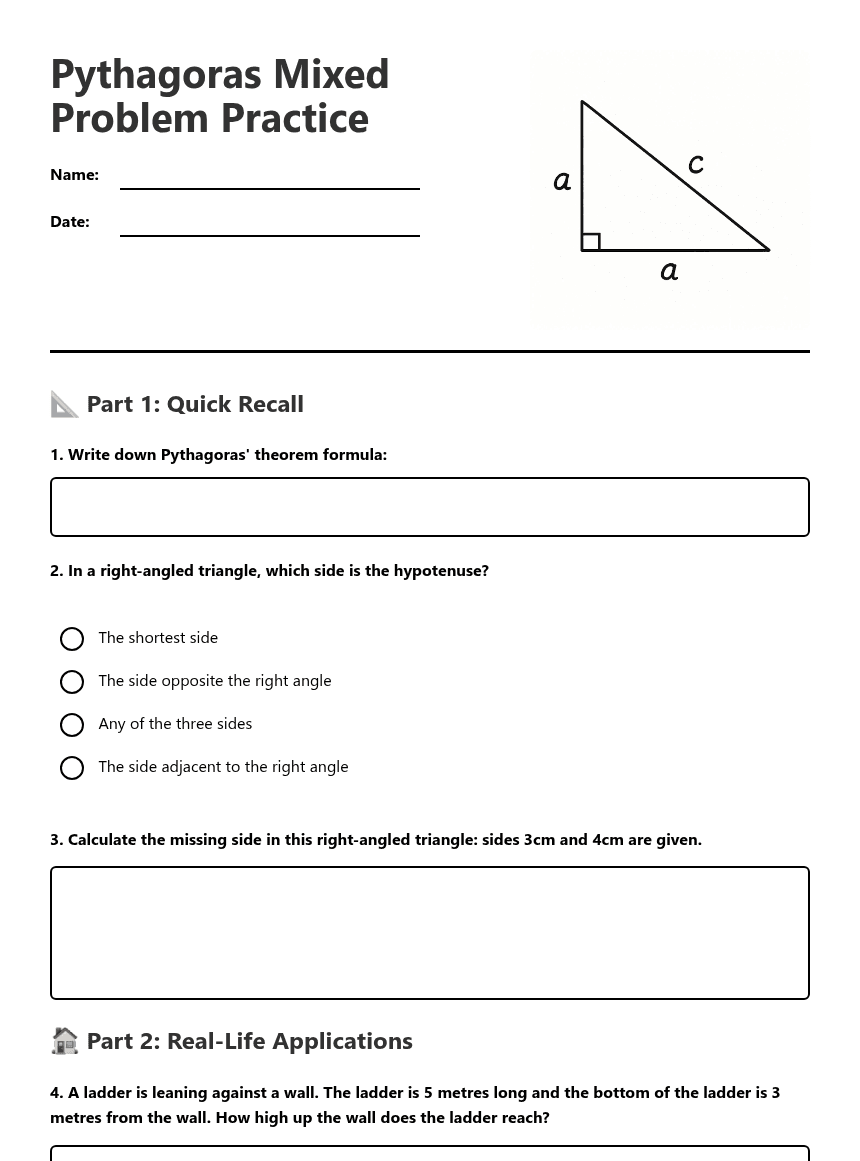 Pythagoras Mixed Problem Practice worksheet preview