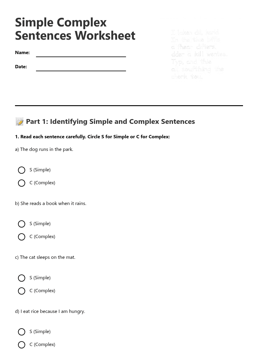 Simple Complex Sentences Worksheet worksheet preview