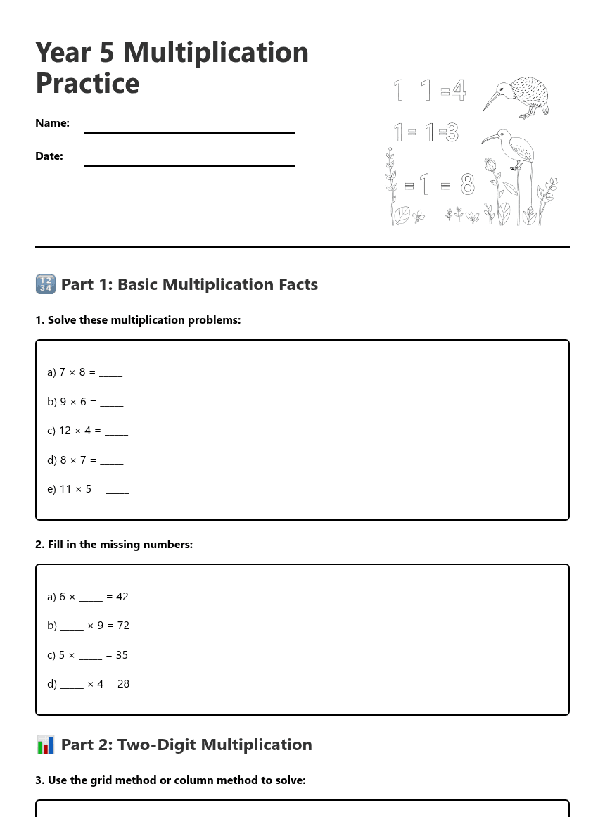 Year 5 Multiplication Practice worksheet preview