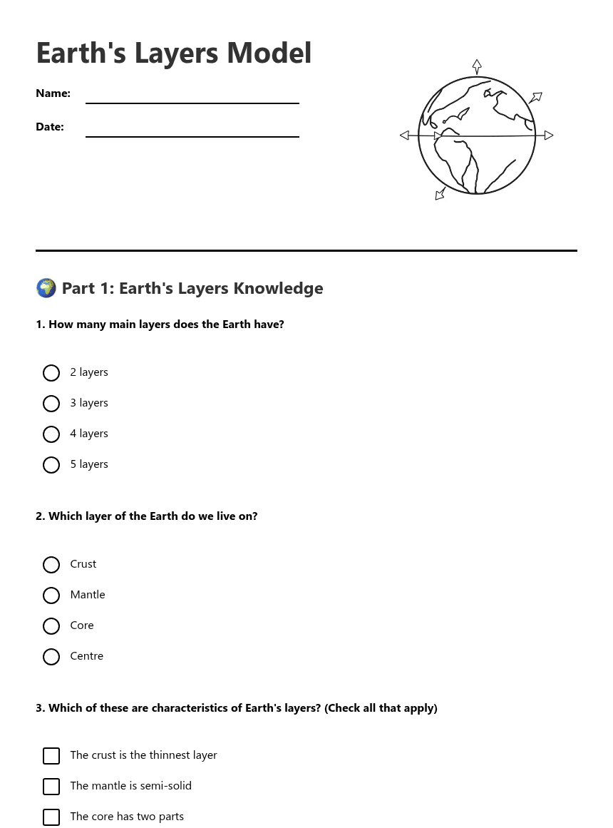 Earth's Layers Model worksheet preview