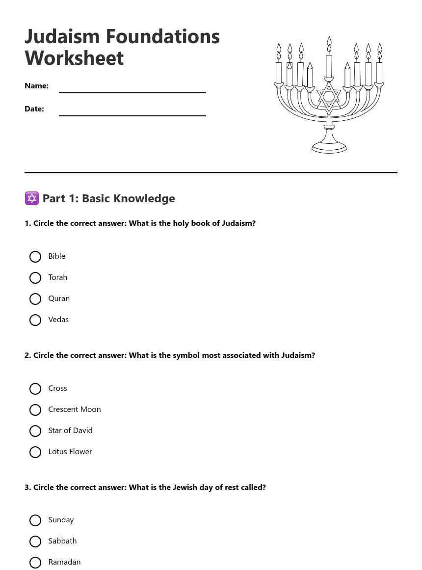 Judaism Foundations Worksheet worksheet preview
