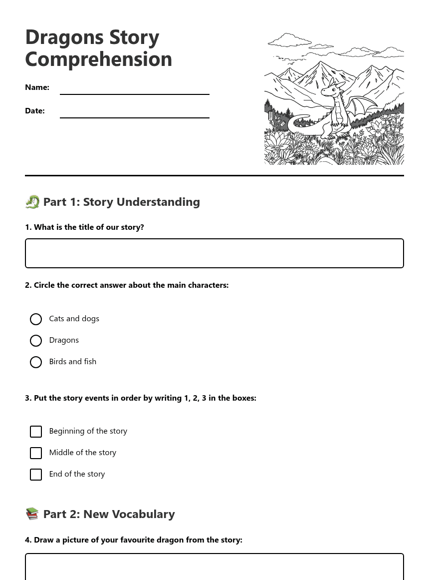 Dragons Story Comprehension worksheet preview