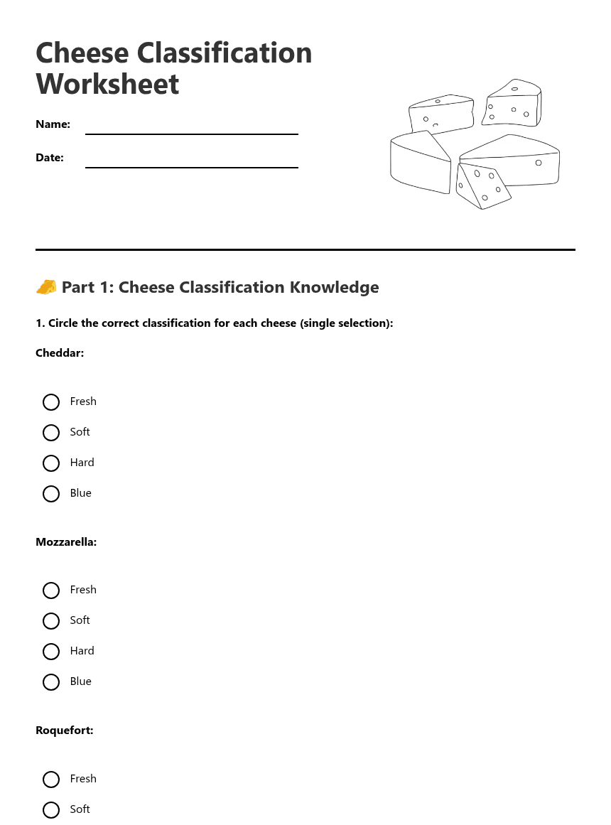 Cheese Classification Worksheet worksheet preview