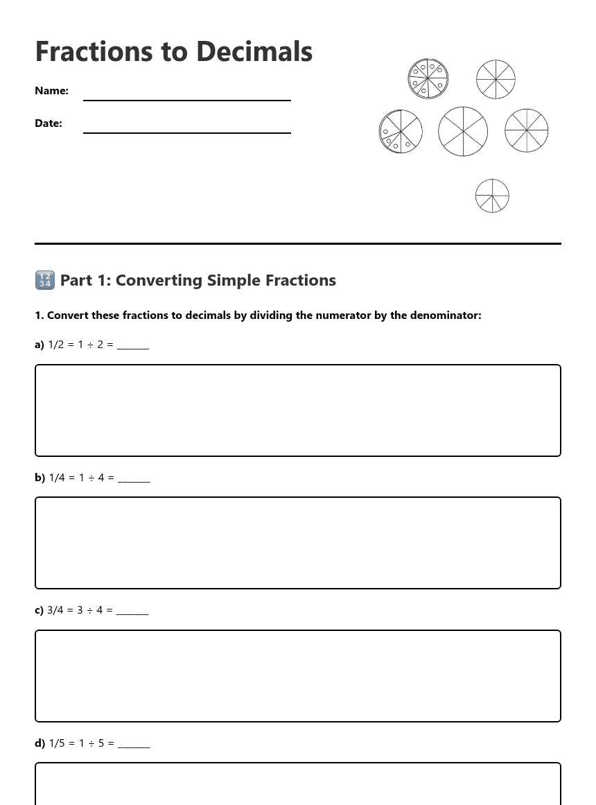 Fractions to Decimals worksheet preview