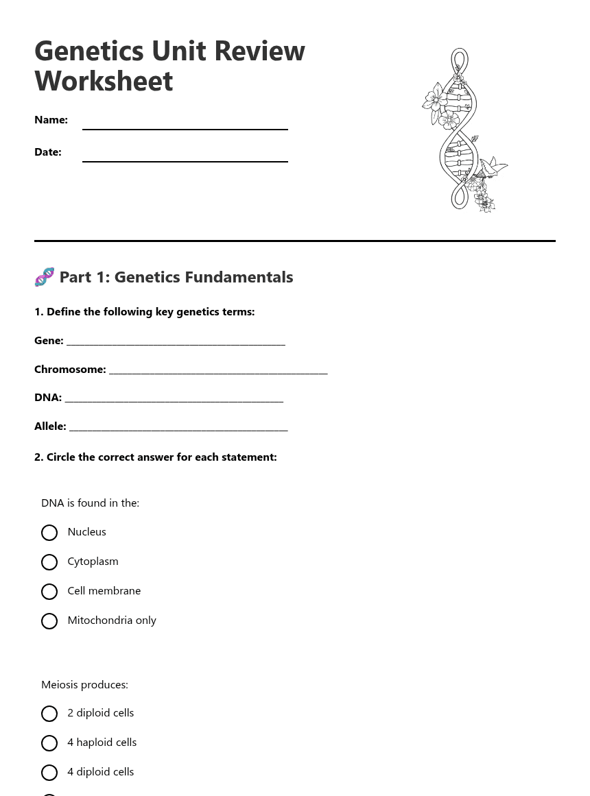 Genetics Unit Review Worksheet worksheet preview