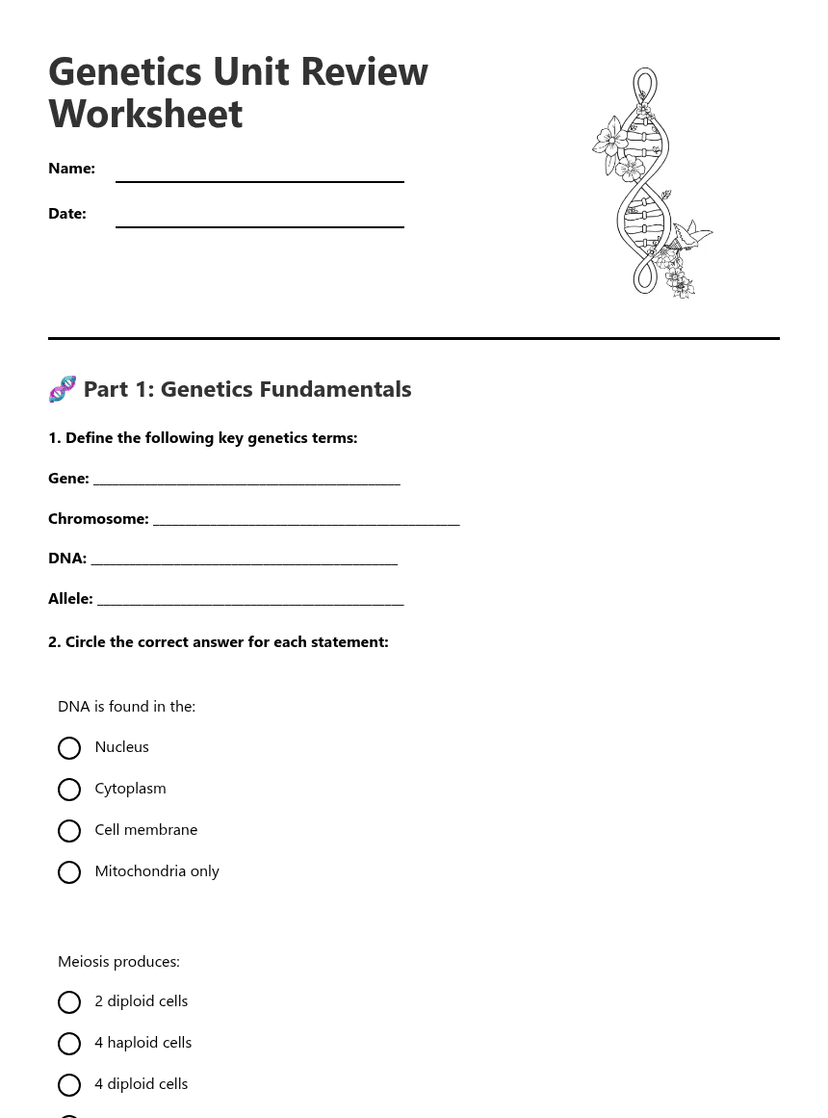 Genetics Unit Review Worksheet