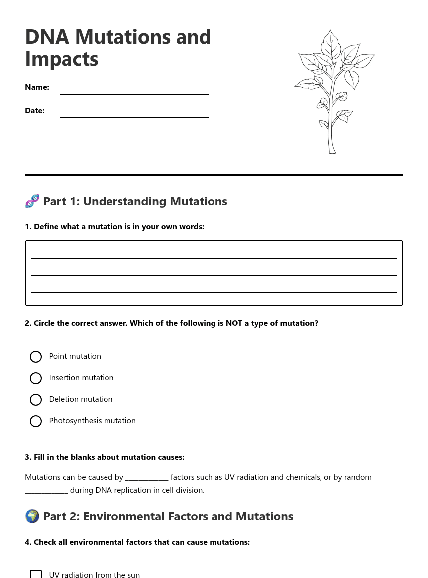 DNA Mutations and Impacts worksheet preview