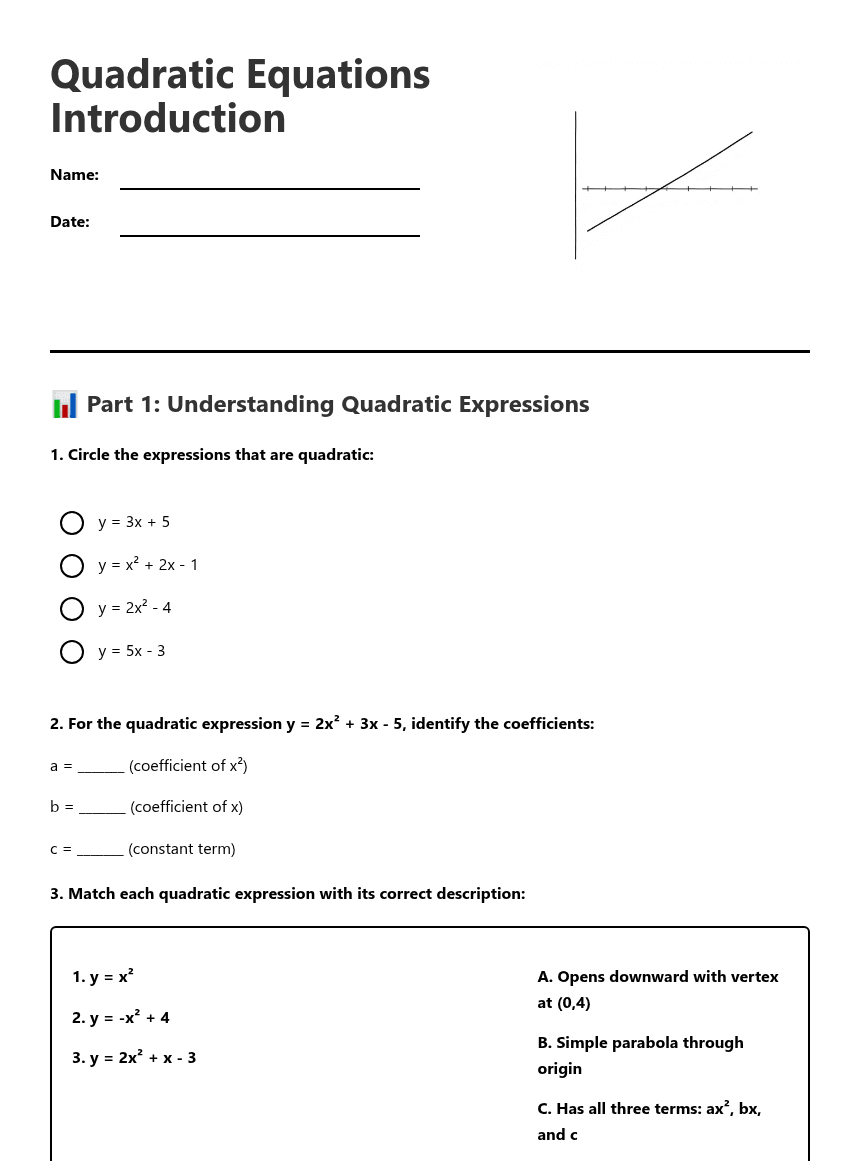 Quadratic Equations Introduction worksheet preview