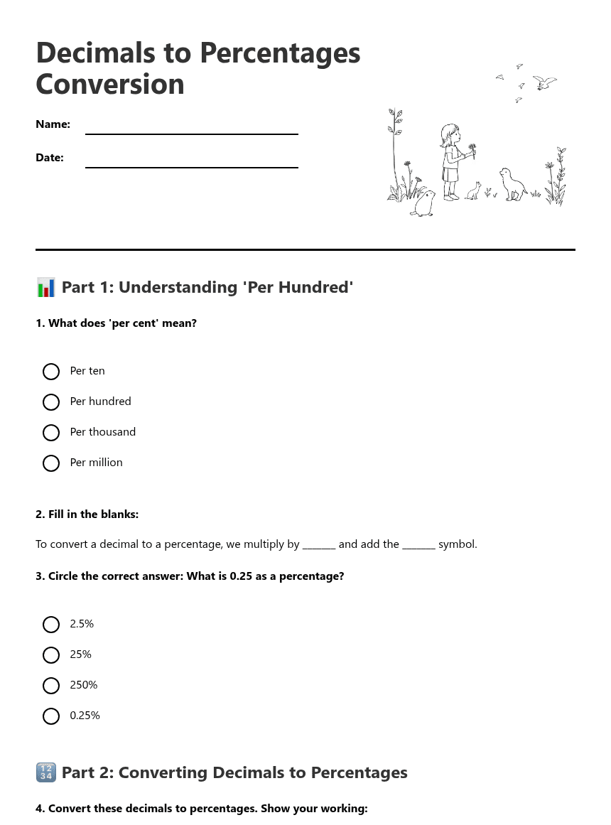 Decimals to Percentages Conversion worksheet preview