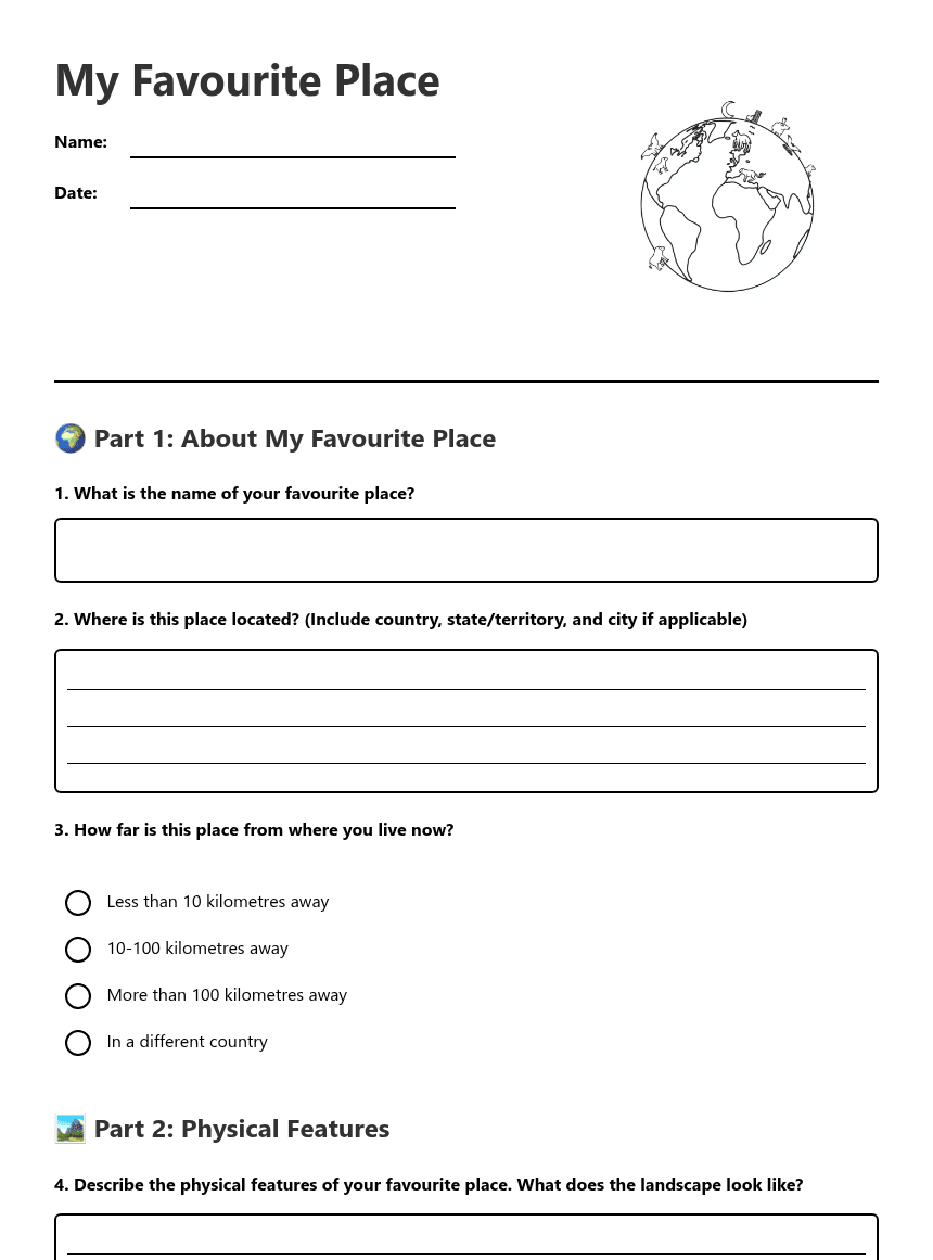 My Favorite Place worksheet preview