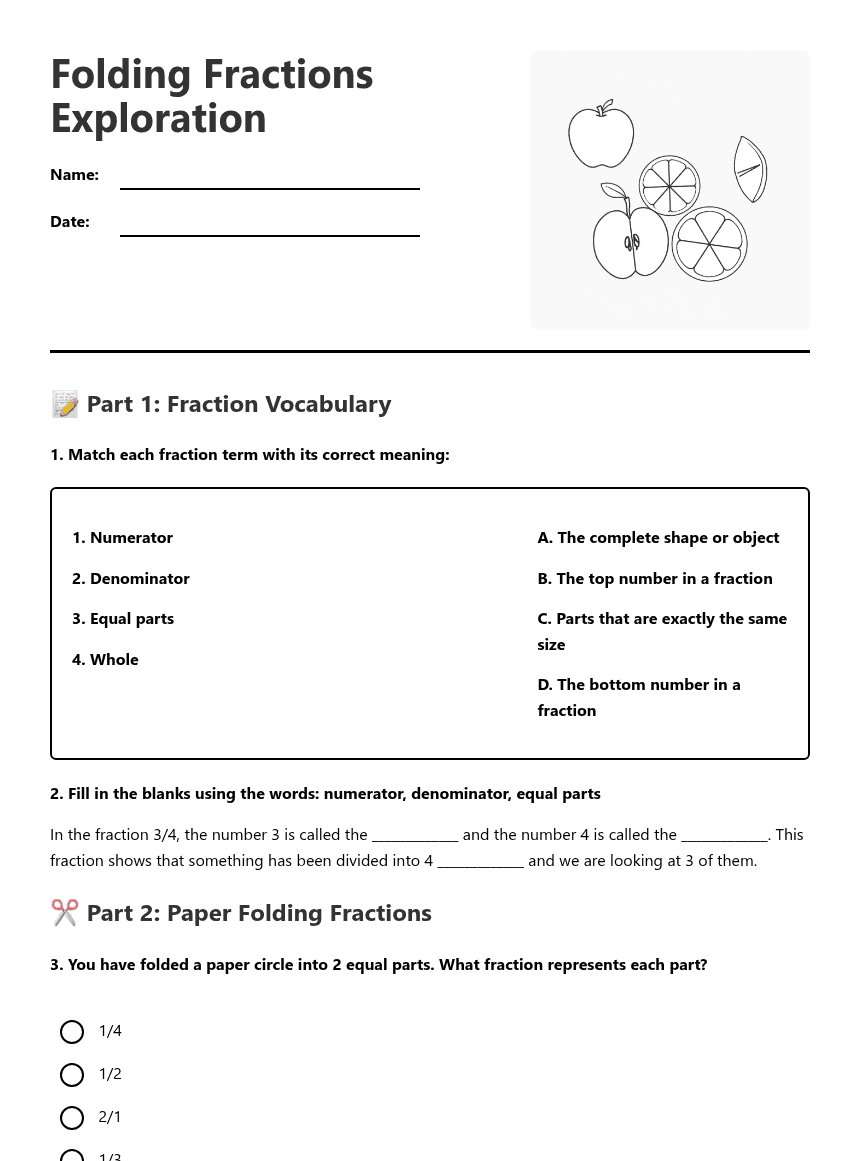 Folding Fractions Exploration worksheet preview